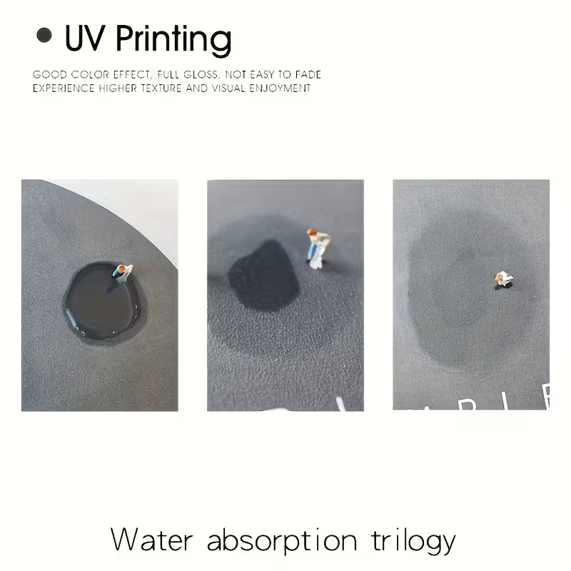 Three panels showing water absorption on a textured surface with text about UV printing.