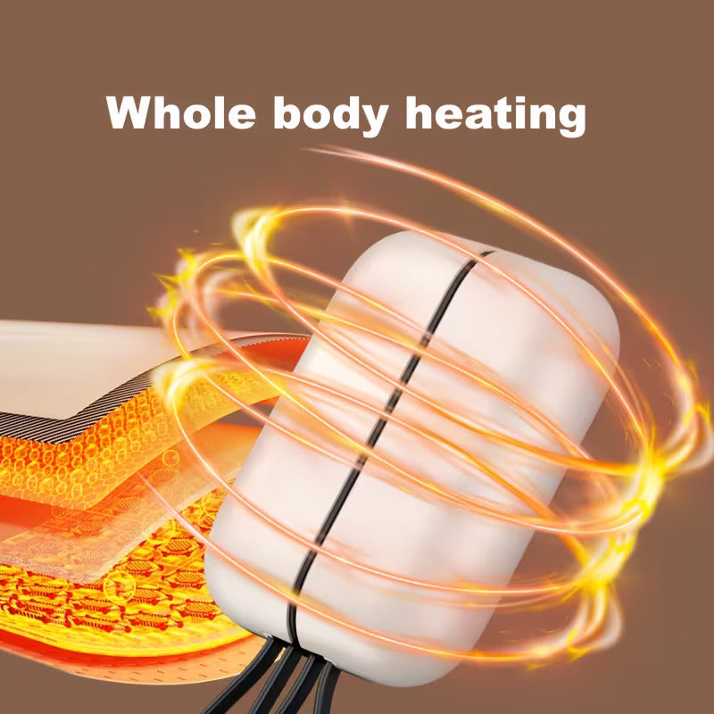 White hand warmer with glowing orange lines on a brown background, labeled 'Whole body heating'.