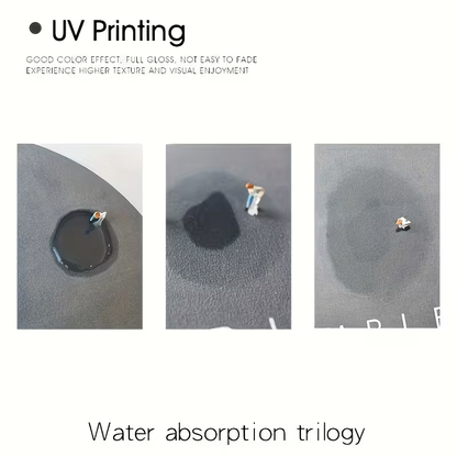 Three panels showing water absorption on a textured surface with text about UV printing.