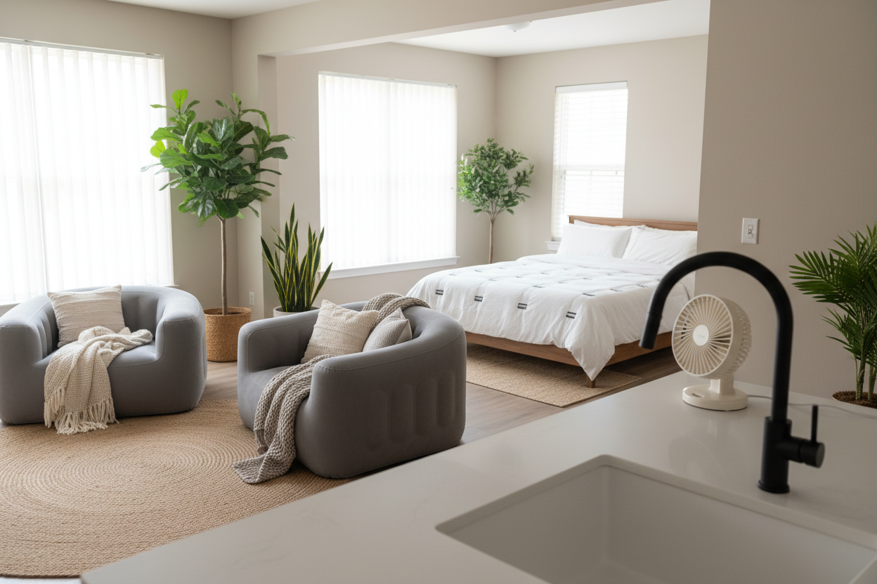 Generate a meaningful image for the collection named "Home & Living". Following are the product list.

Cockroach Killer Gel
Instant Water Heater Faucet
Inflatable Air Sofa
Double End Air Cooler Mist Fan
Duvet Clip