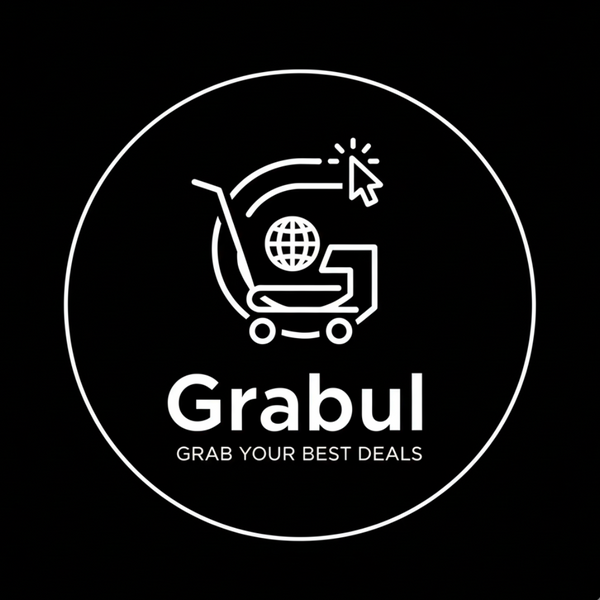 Logo of Grabul with a shopping cart and globe icon on a black background