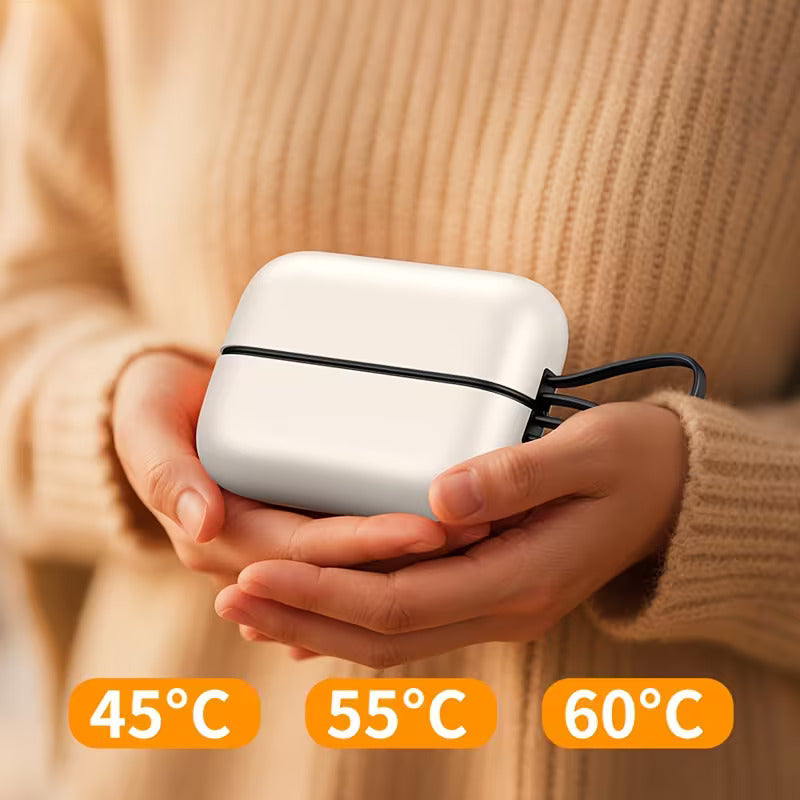 A women holding the hand warmer in her hand. Three temperatures ratings are displayed at the bottom of the image.