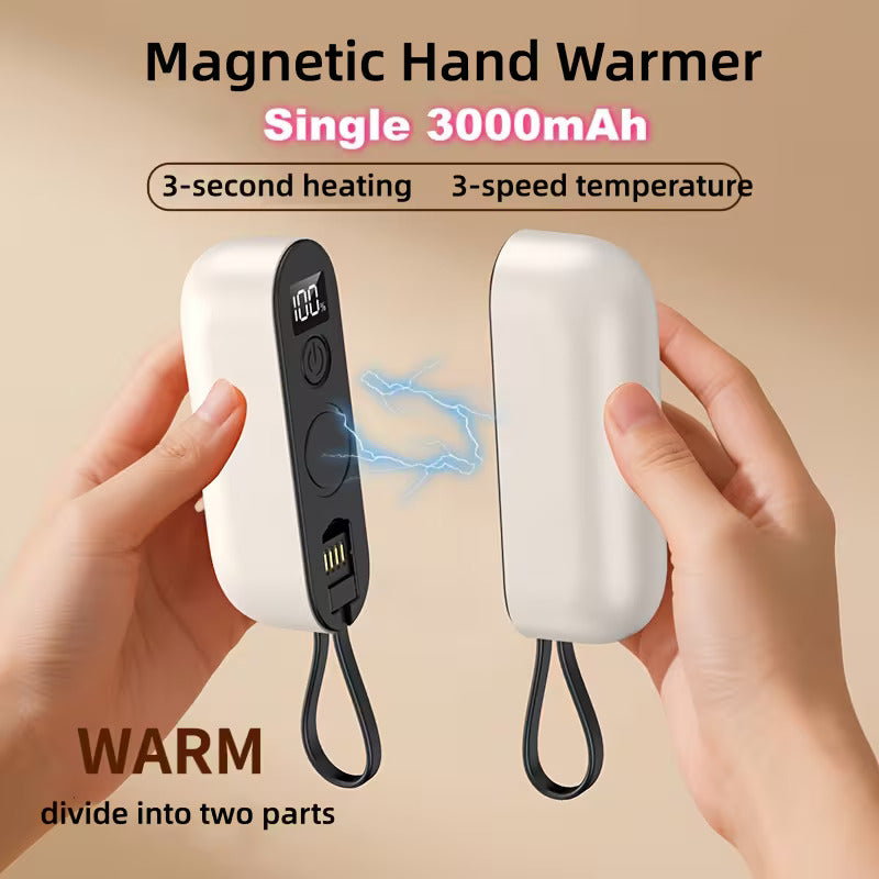 Magnetic hand warmers divided into two parts. Battery capacity "3000mAh" is displayed on the image