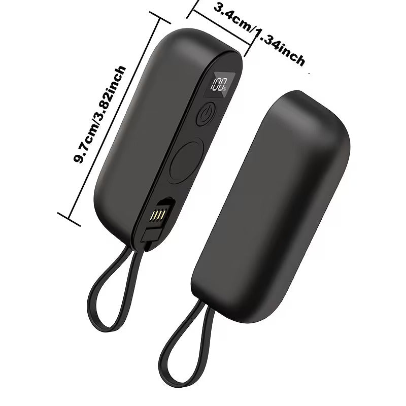 Black hand warmer device with measurements on a white background