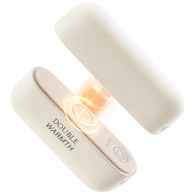 Two white handheld warmers with 'Double Warmth' text on a white background