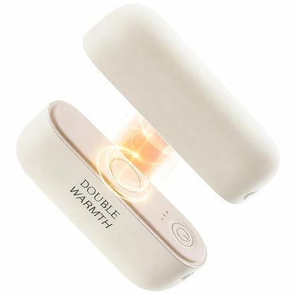 Two white handheld warmers with 'Double Warmth' text on a white background