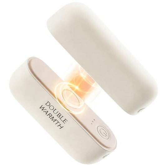 Two white handheld warmers with 'Double Warmth' text on a white background